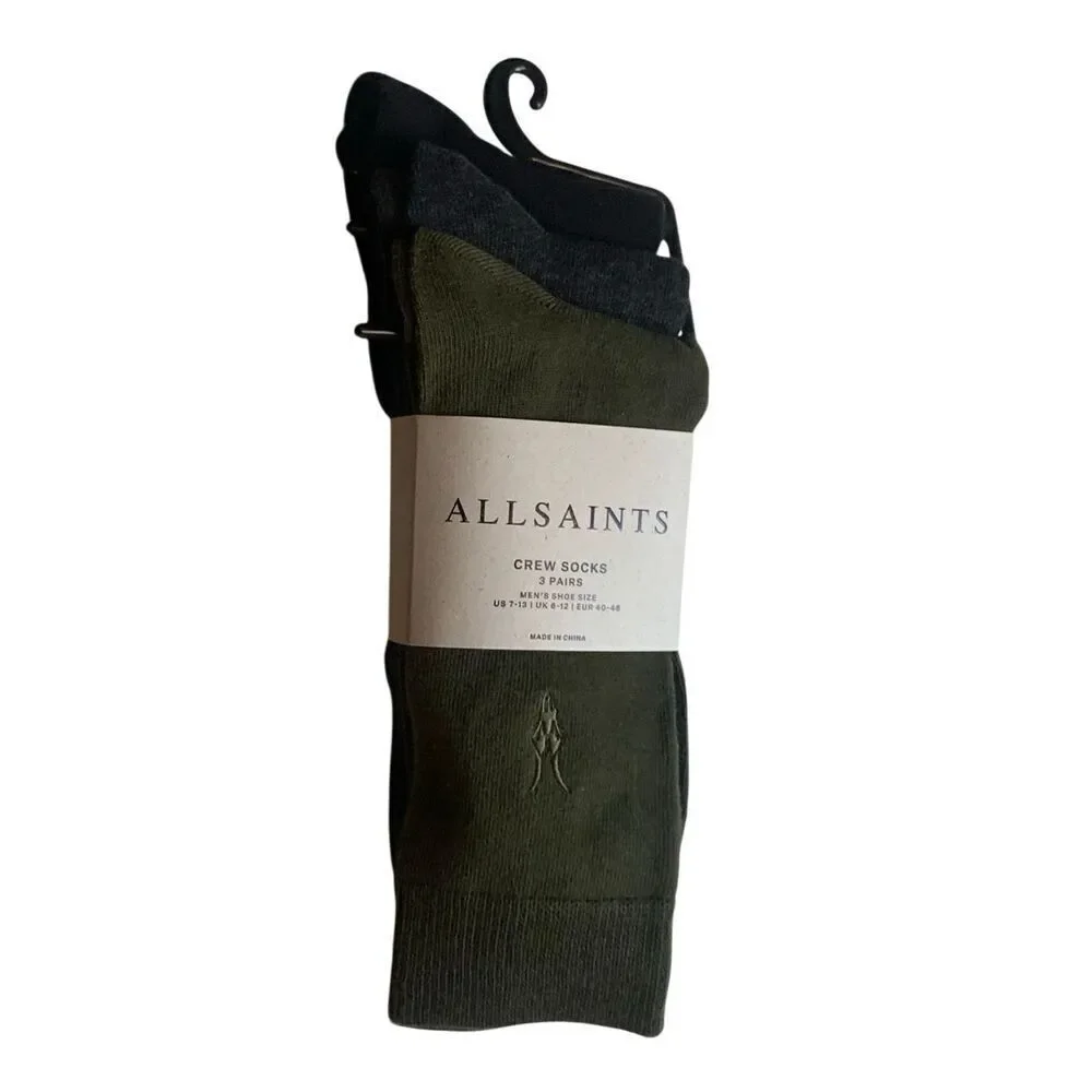 AllSaints Adan Ramskull 3-Pack Crew Socks Men’s 7–13, Cotton Stretch,Green Gray